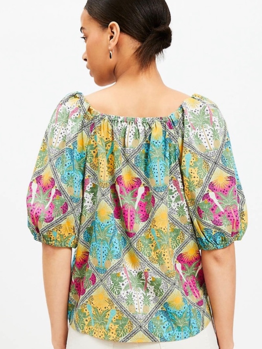 LOFT Palm Bubble Sleeve Square Neck Blouse Size Large - Picture 3 of 10